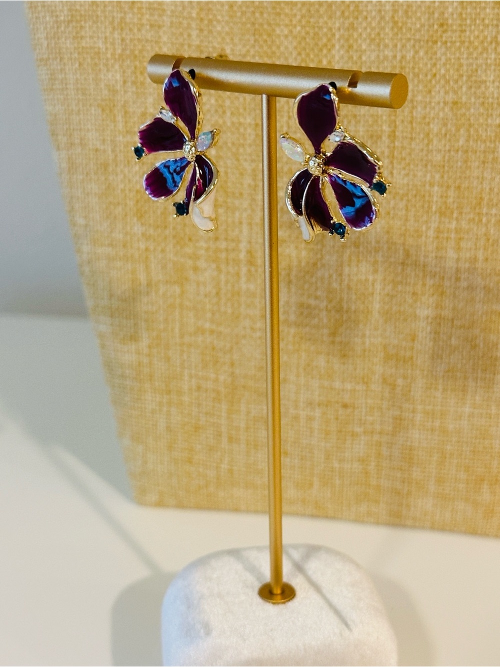 Fashion Jewelry Purple and Gold Floral Petal Earrings - Gold-Tone Accents
